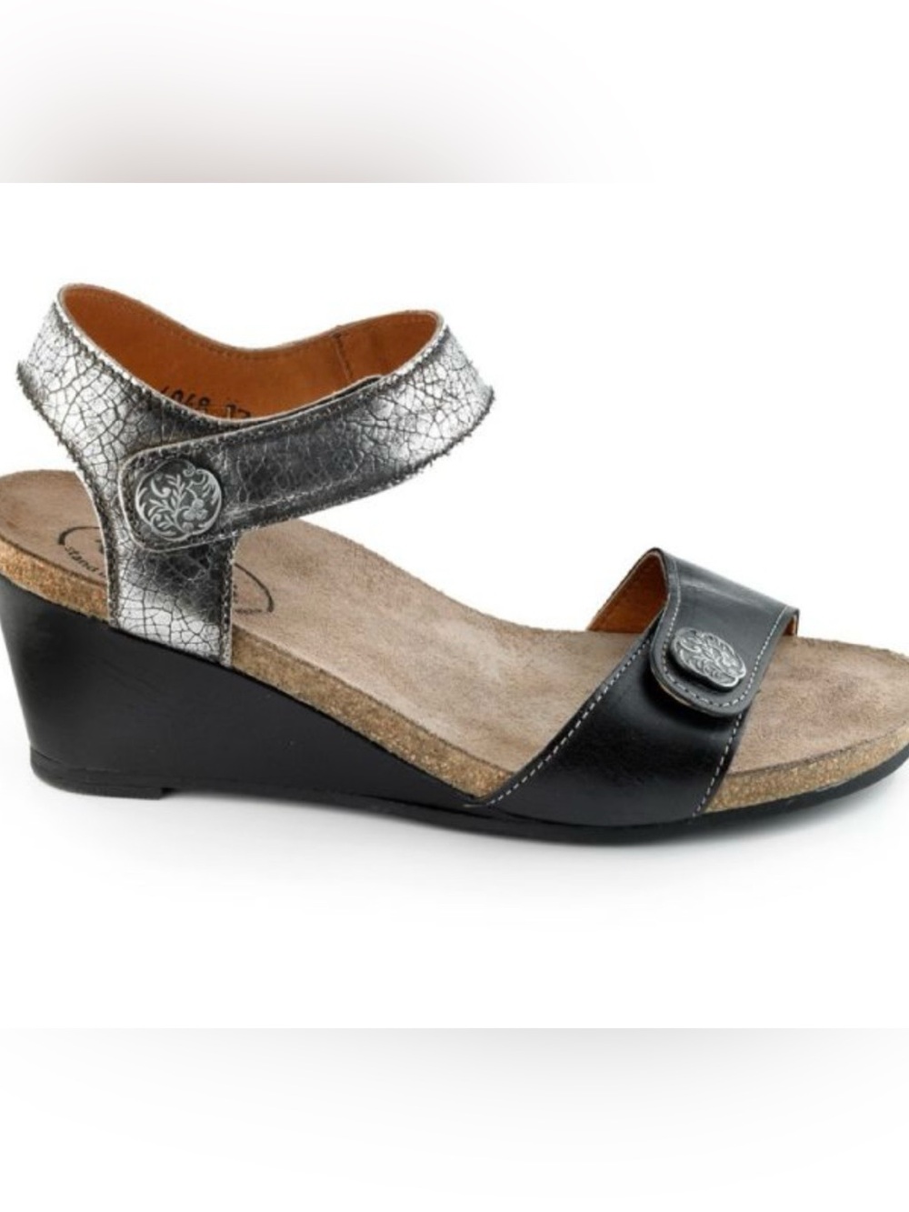 Taos Footwear Black and Silver Wedge Sandals retail $185